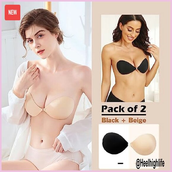 Reusable Strapless Push Up Adhesive Bra with Nipple Covers A-D Cup - Picture 3 of 8